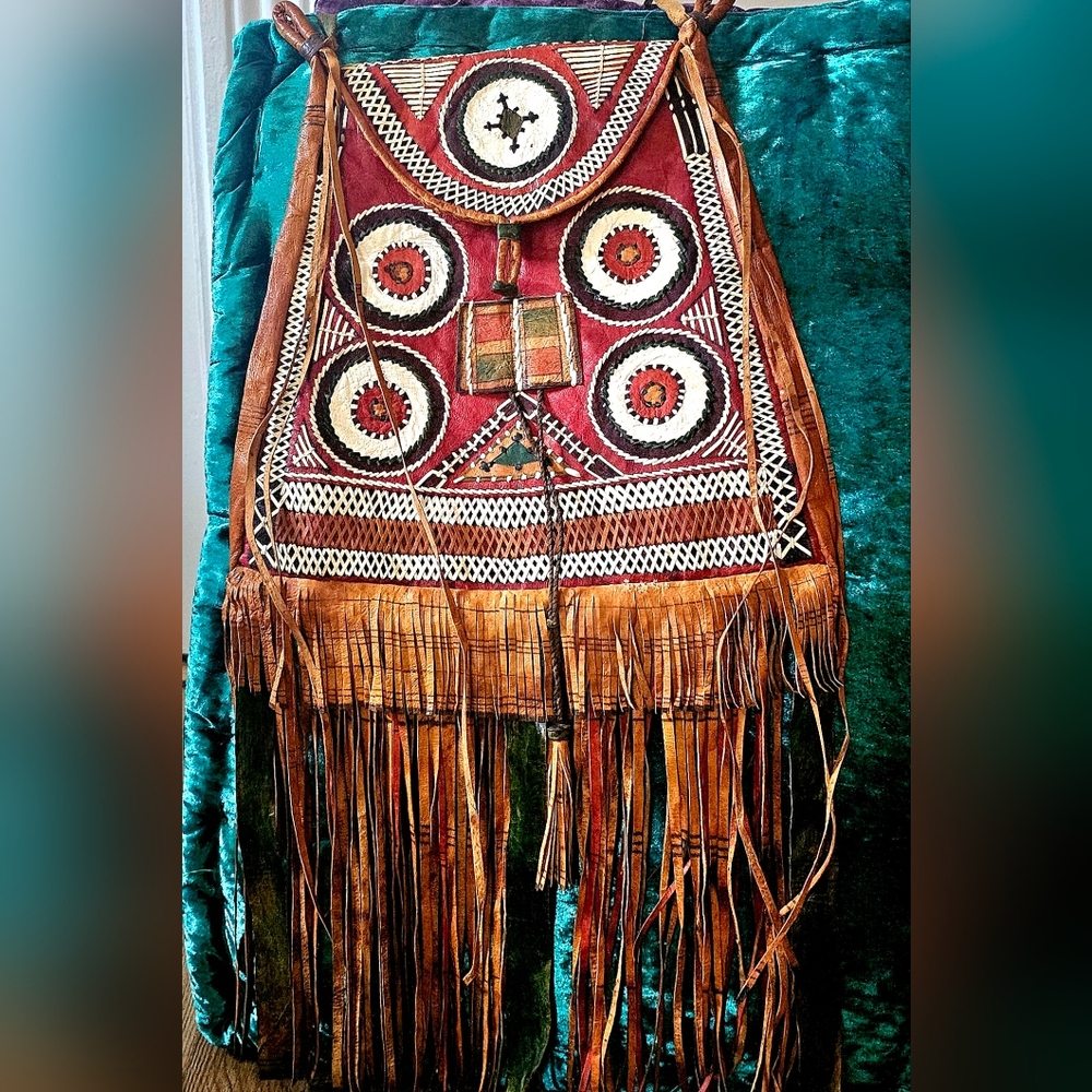 Vintage Tuareg Leather Satche W/ Fringe, Intricate Patterns & Conchos- Bohemian